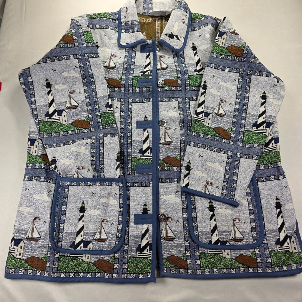 Blair Vintage Lighthouse Tapestry Chore Jacket Blue Nautical Woven Coat 2XL